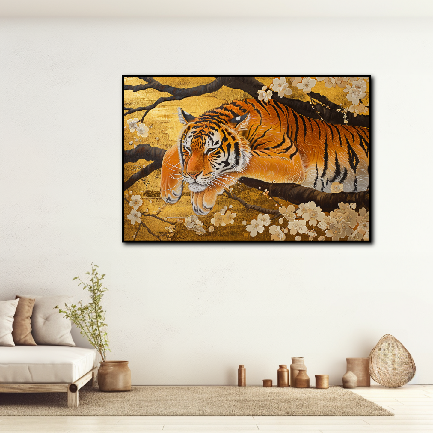 Tableau Tigre Fleurs Jaunes