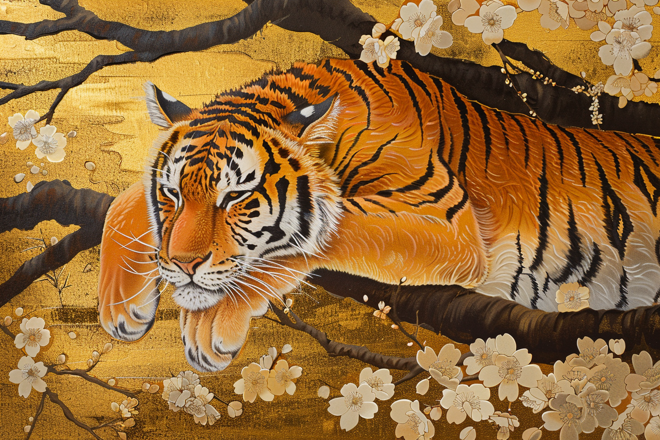 Tableau Tigre Fleurs Jaunes