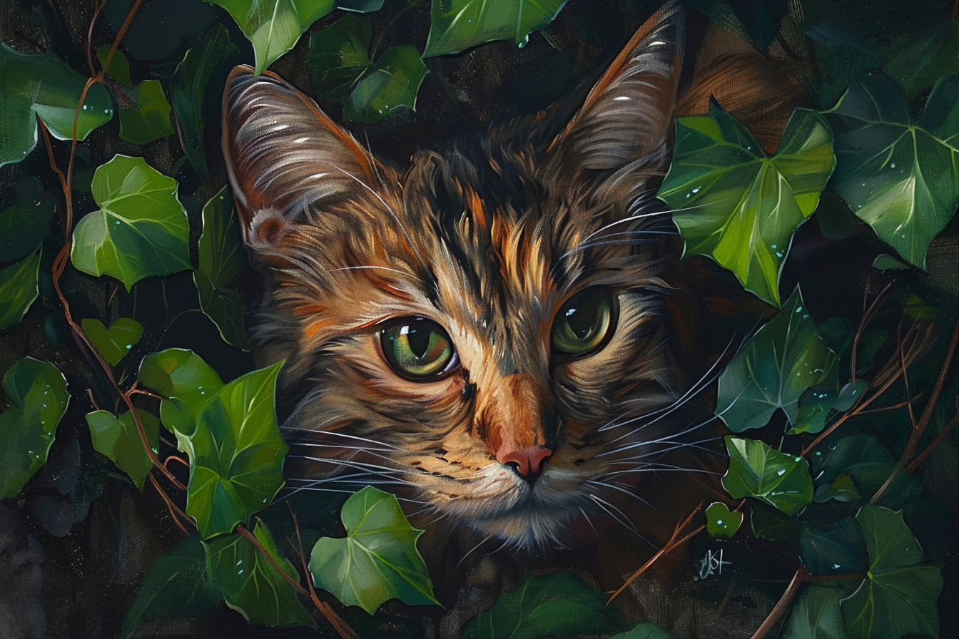 Tableau Tête de chat avec des Feuilles