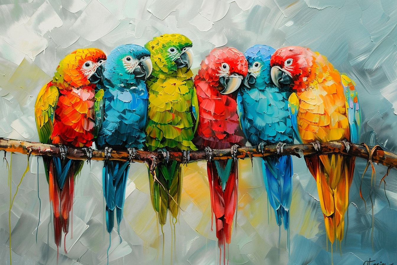 Peinture Perroquets Alignés