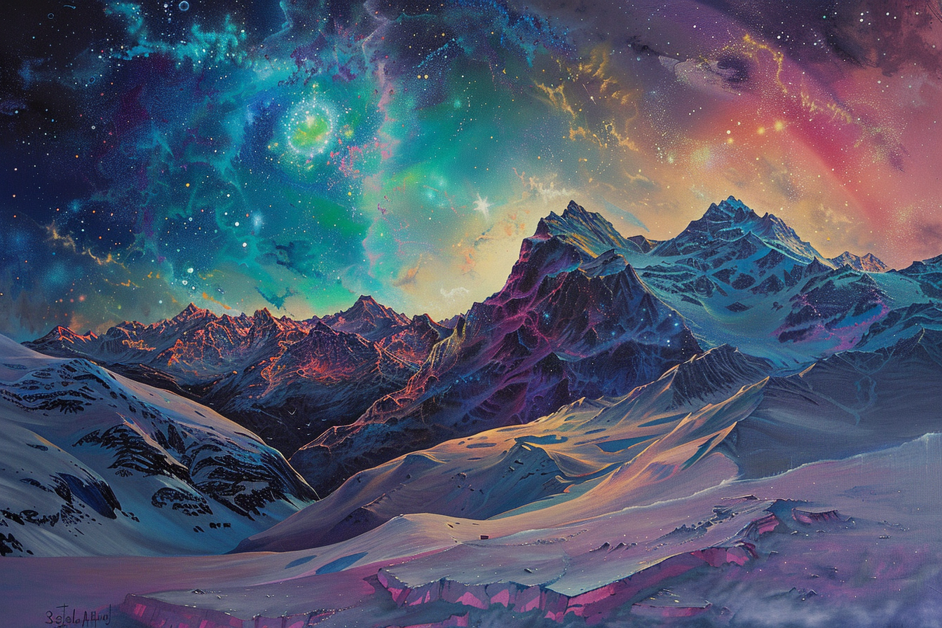 Tableau Aurore Boréale et Montagnes