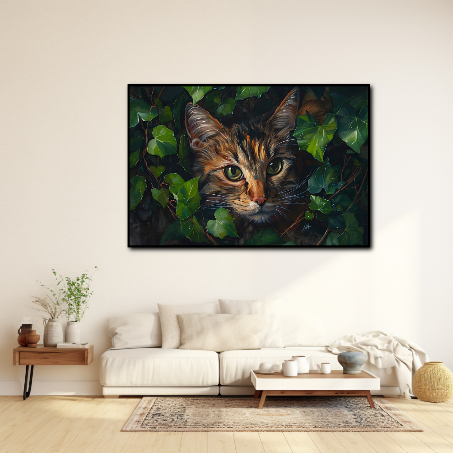Tableau Tête de chat avec des Feuilles