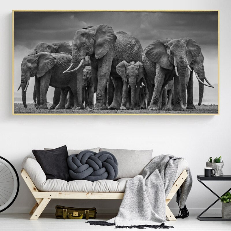 Tableau Troupeau d'Elephant Noir et Blanc