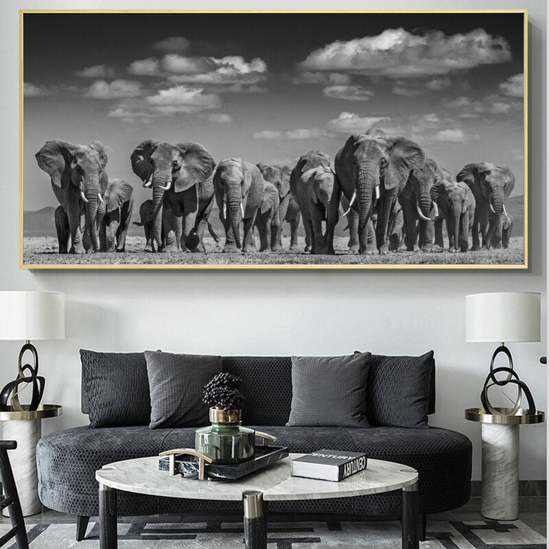 Tableau Troupeau d'Elephant Noir et Blanc