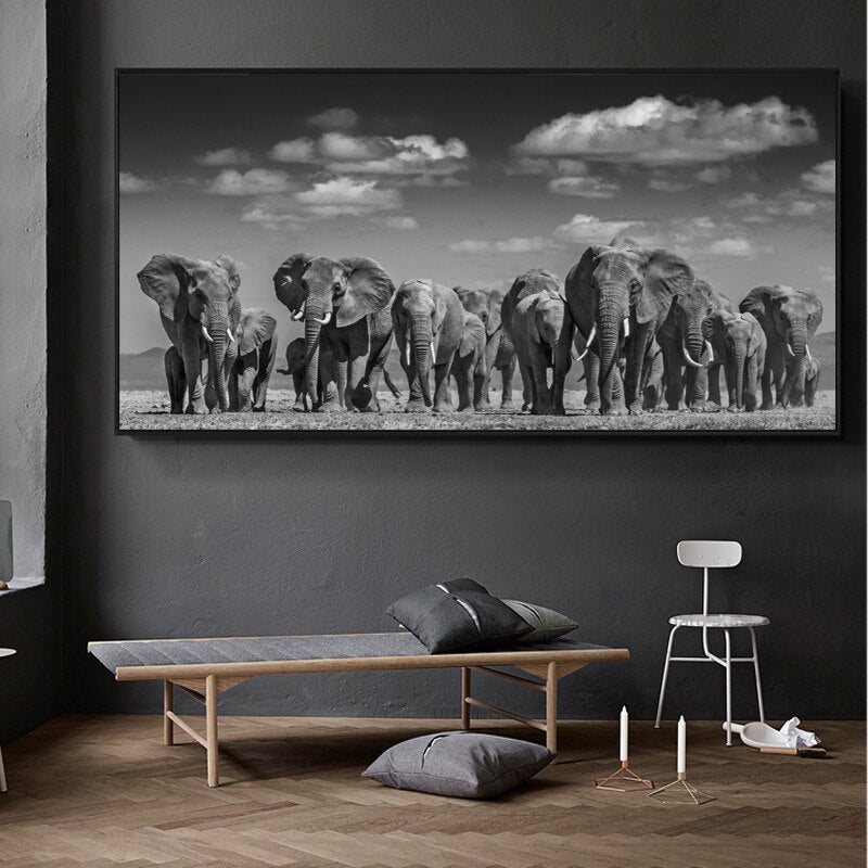 Tableau Troupeau d'Elephant Noir et Blanc