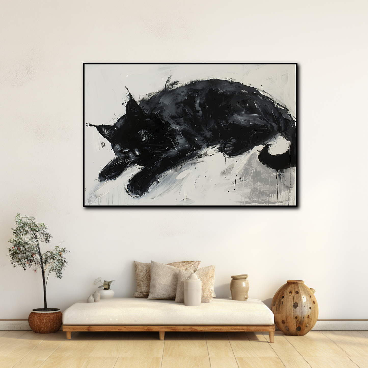 Peinture Chat Noir Fond Blanc
