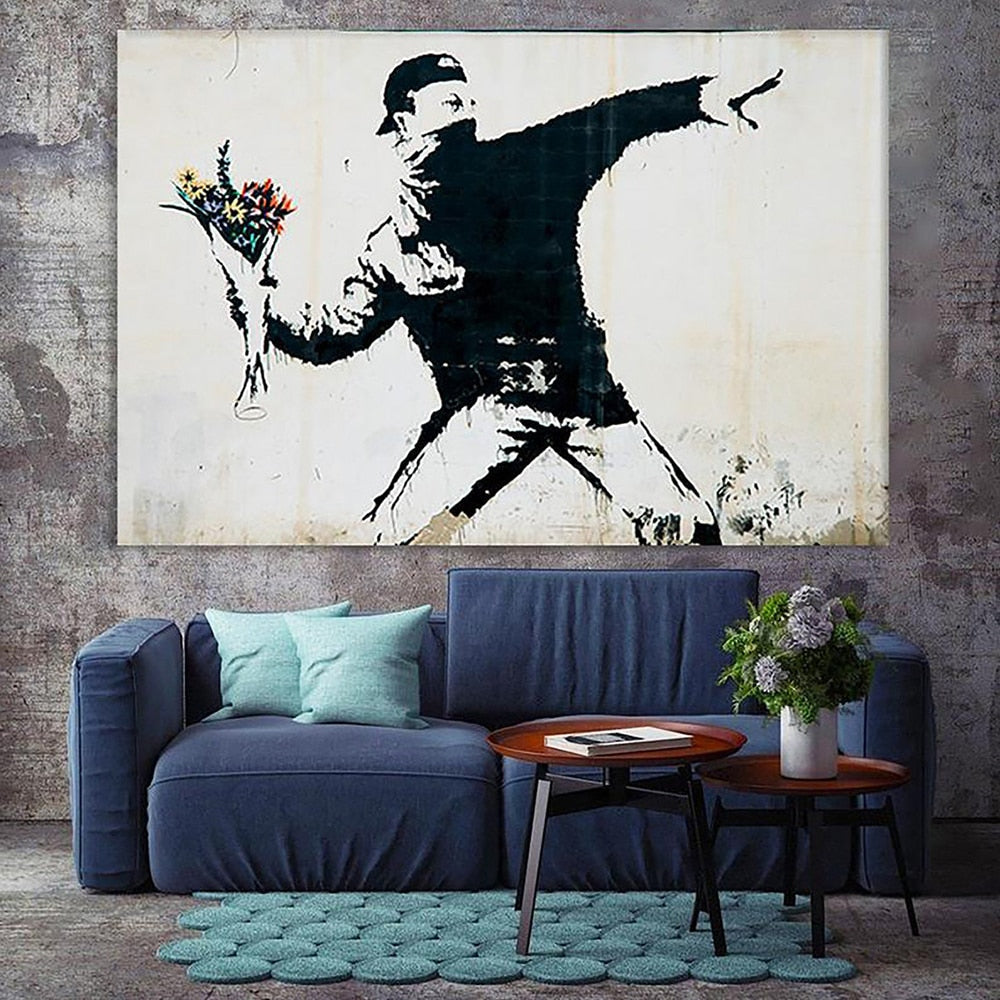 Tableau Street Art Banksy Lanceur de Fleurs-LigneCreator