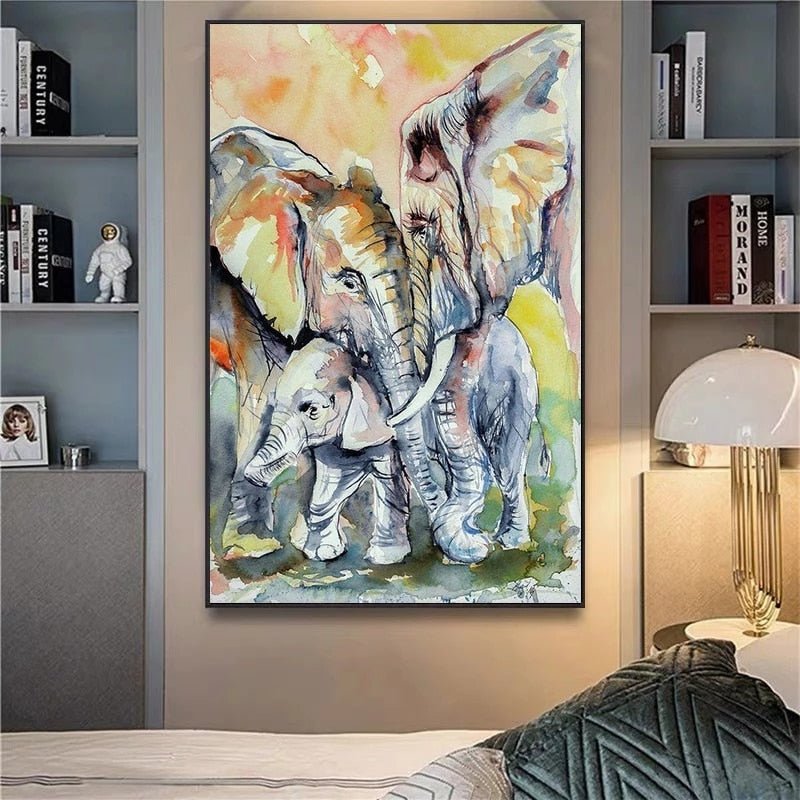 Peinture a l'Huile Famille d'Eléphant