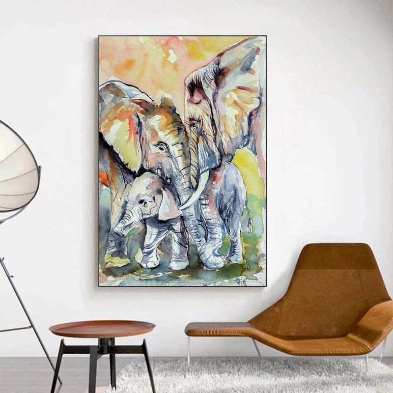 Peinture a l'Huile Famille d'Eléphant