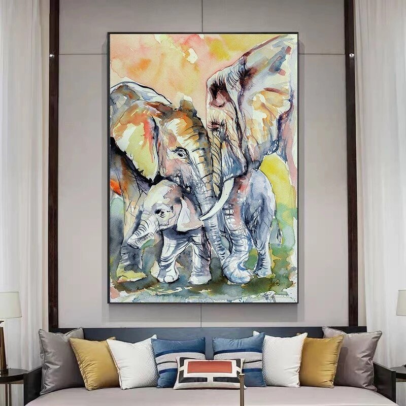 Peinture a l'Huile Famille d'Eléphant