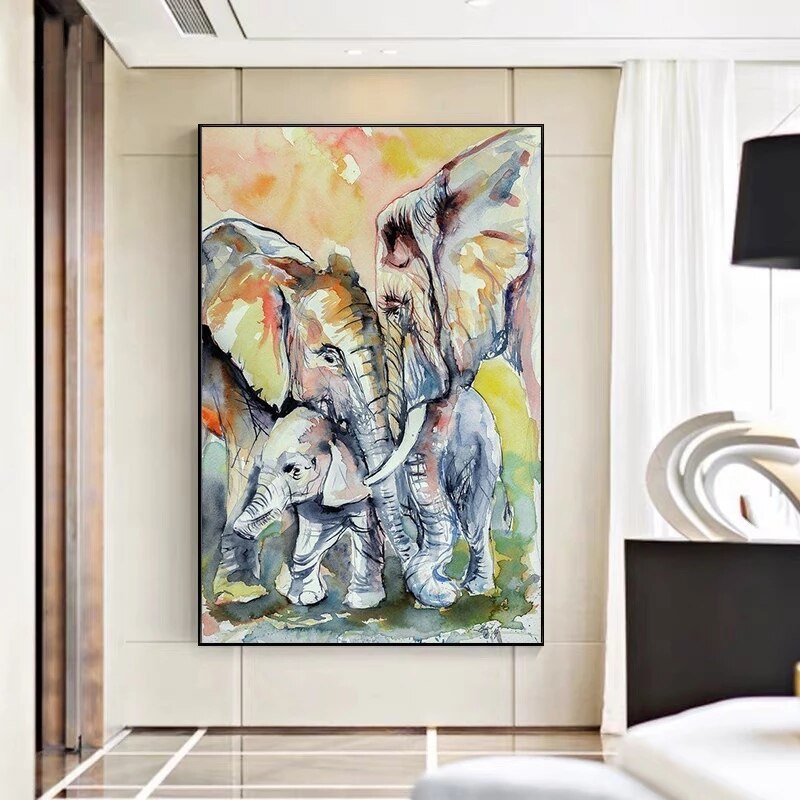 Peinture a l'Huile Famille d'Eléphant