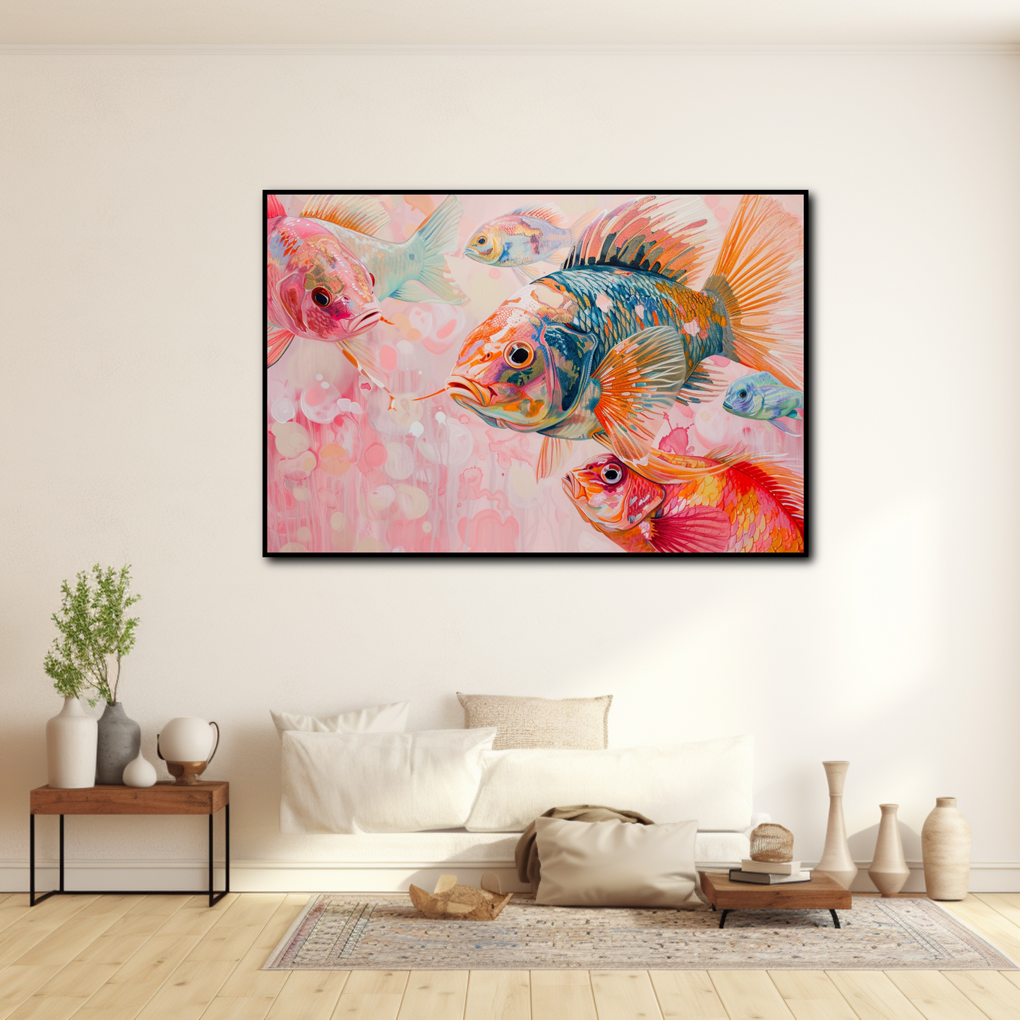 Peinture Poissons Fond Rose