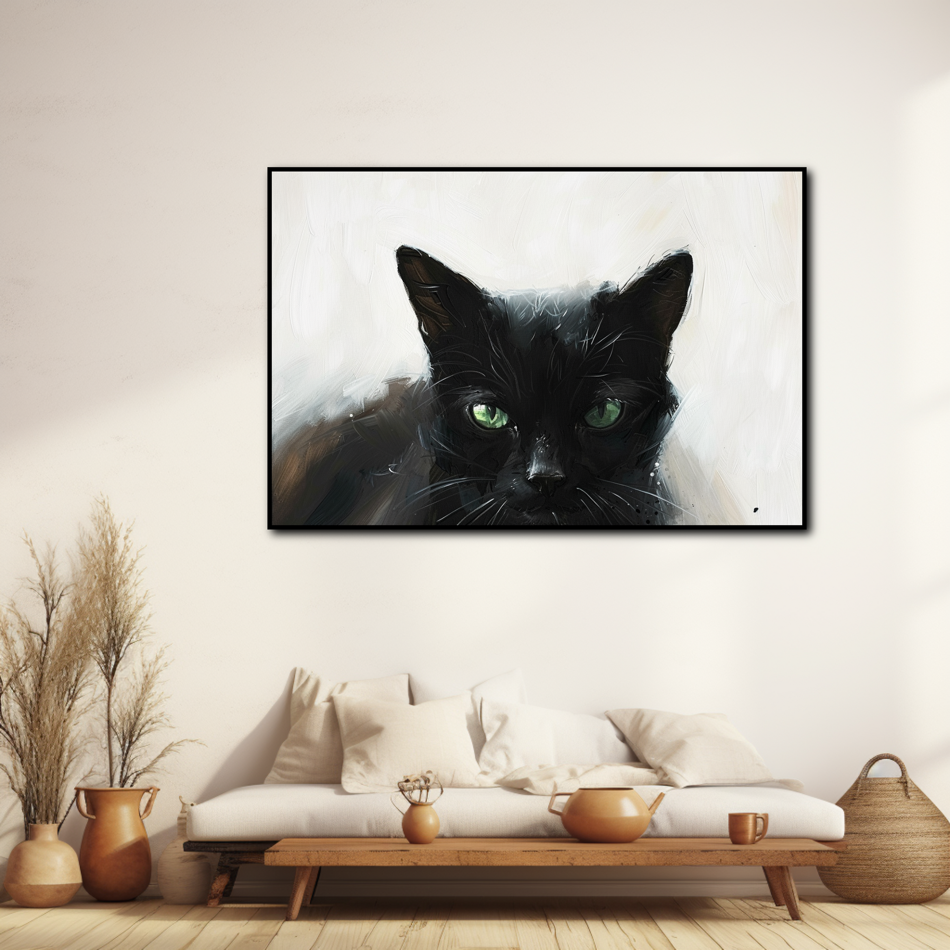 Peinture Chat Noir aux yeux Vert