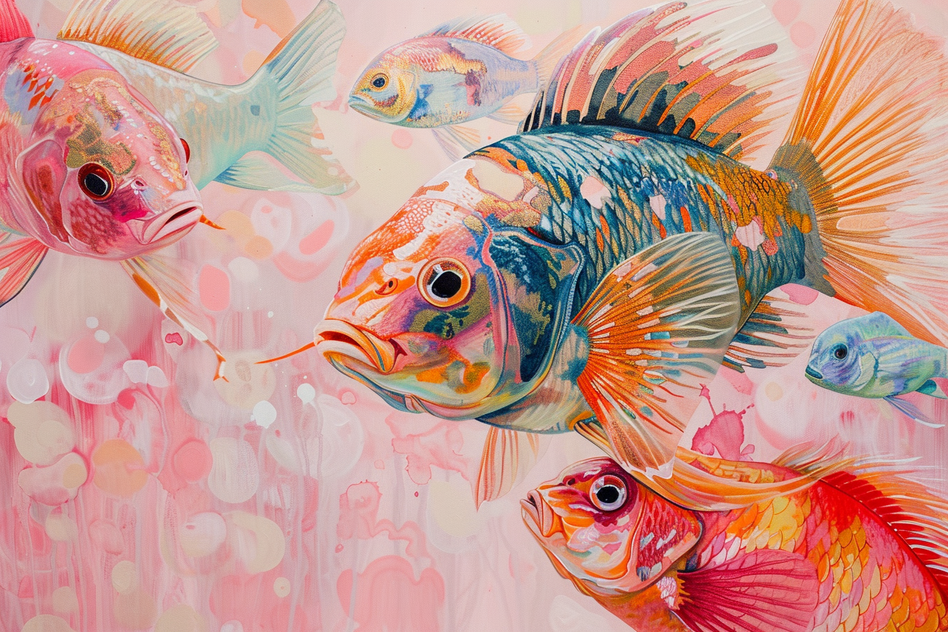 Peinture Poissons Fond Rose