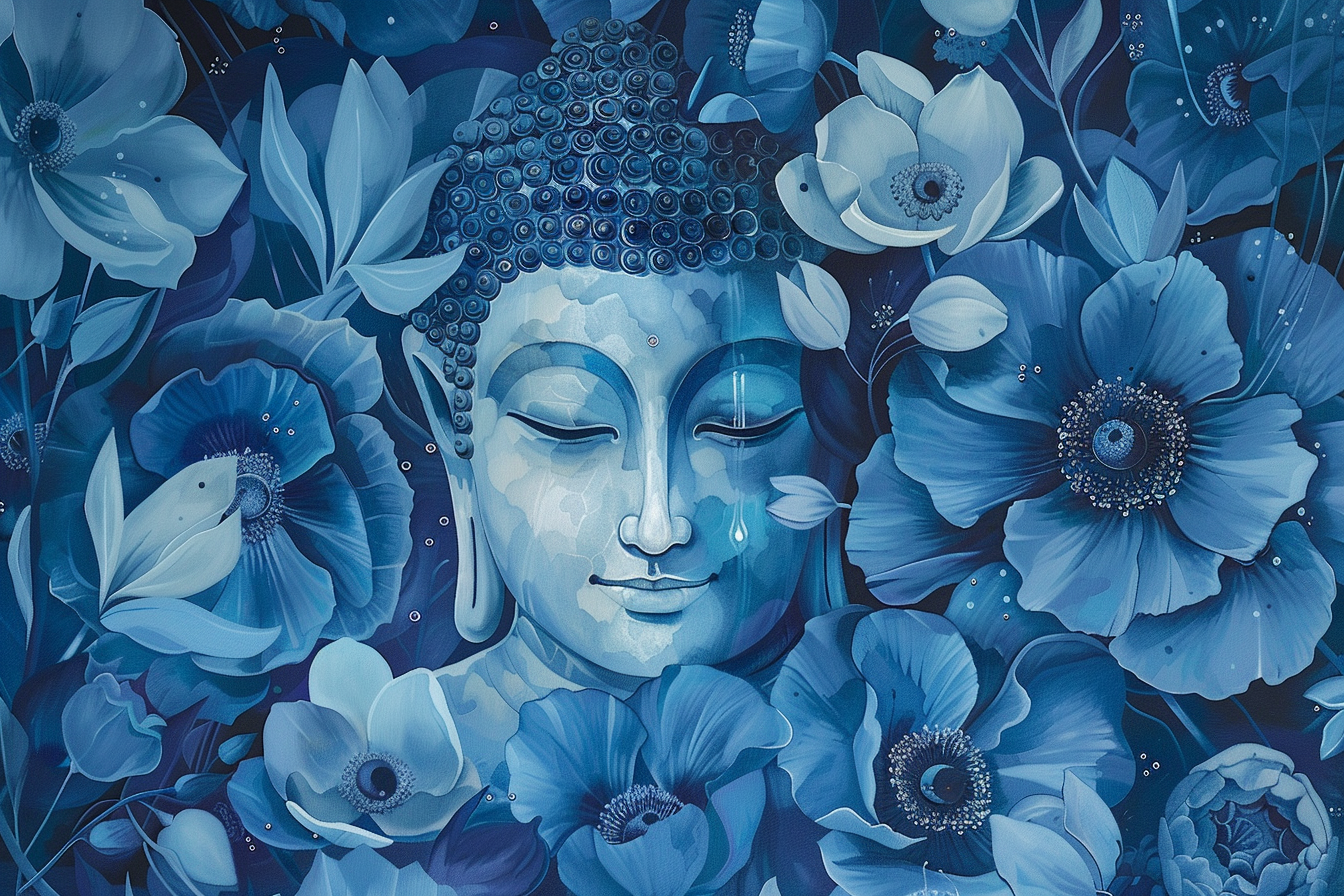 Tableau Bouddha Fleurs Bleues