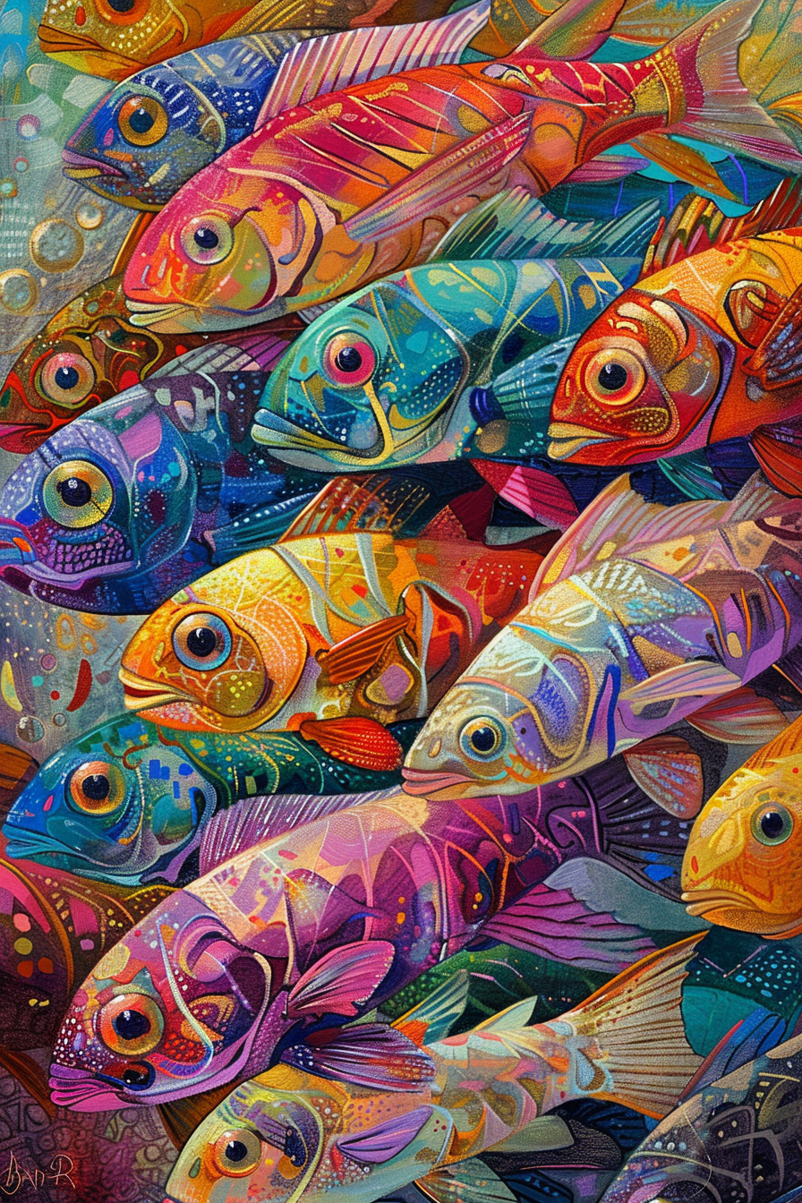 Tableau Banc de Poisson Multicolore