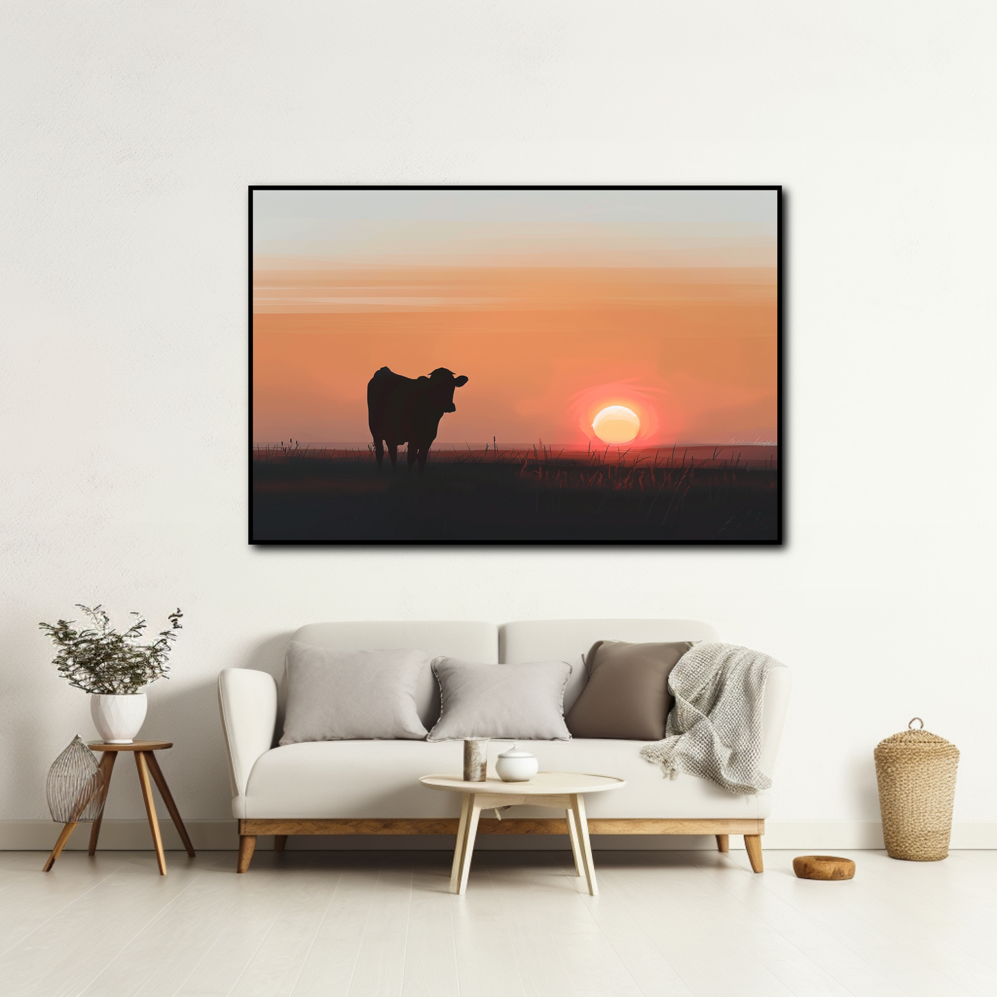 Tableau Vache et Coucher de Soleil