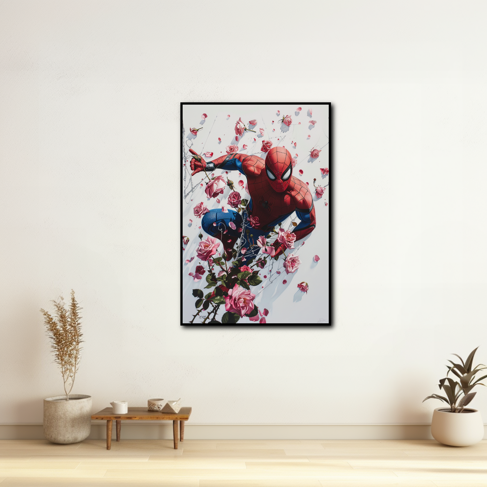 Tableau déco Spiderman Fleurs Roses Sauvages