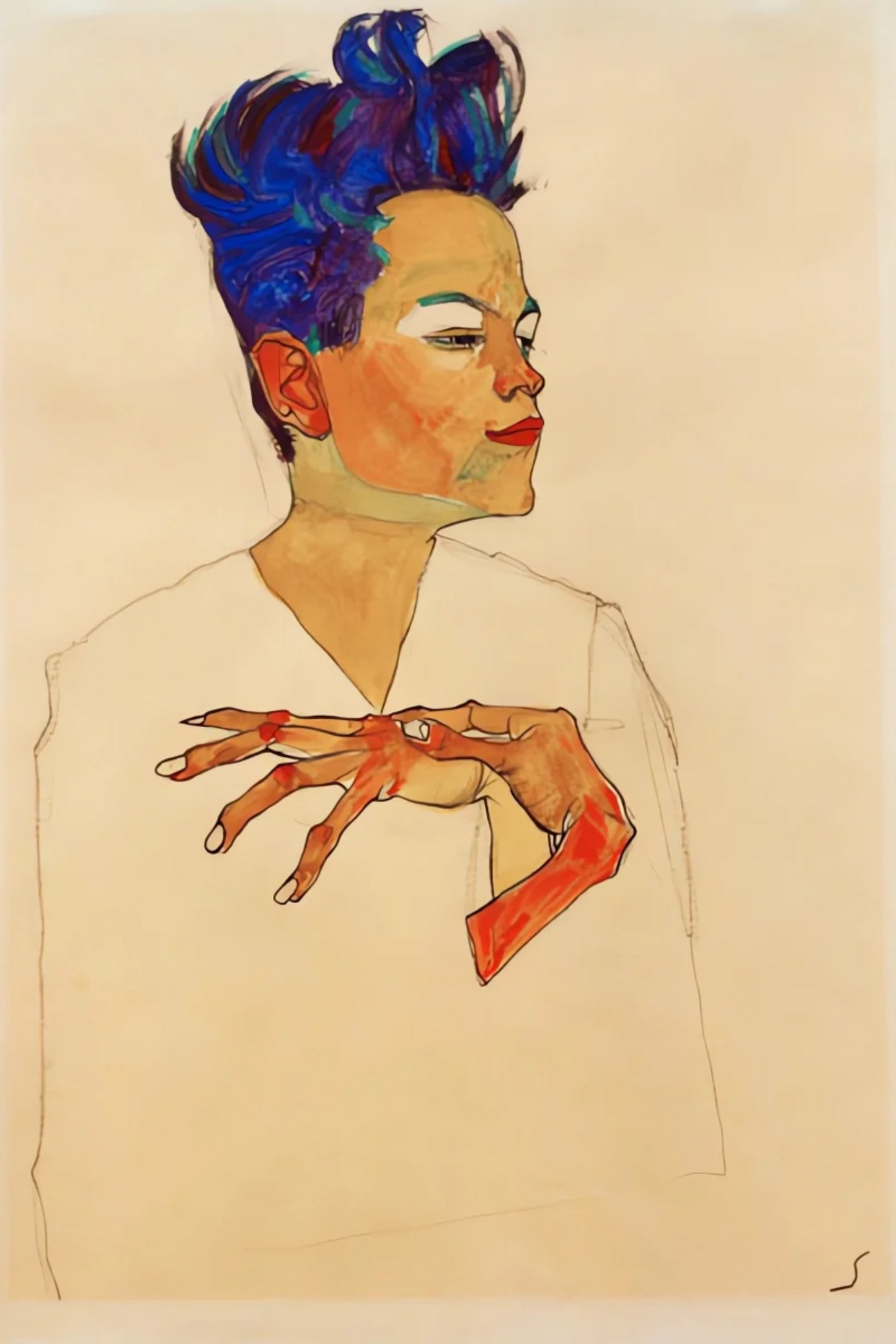 Autoportrait avec les mains sur la poitrine - Egon Schiele