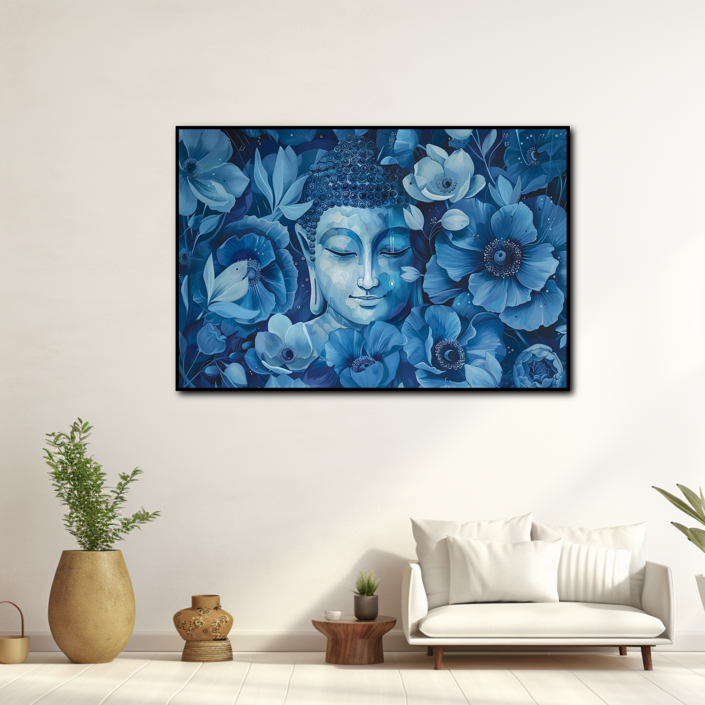 Tableau Bouddha Fleurs Bleues