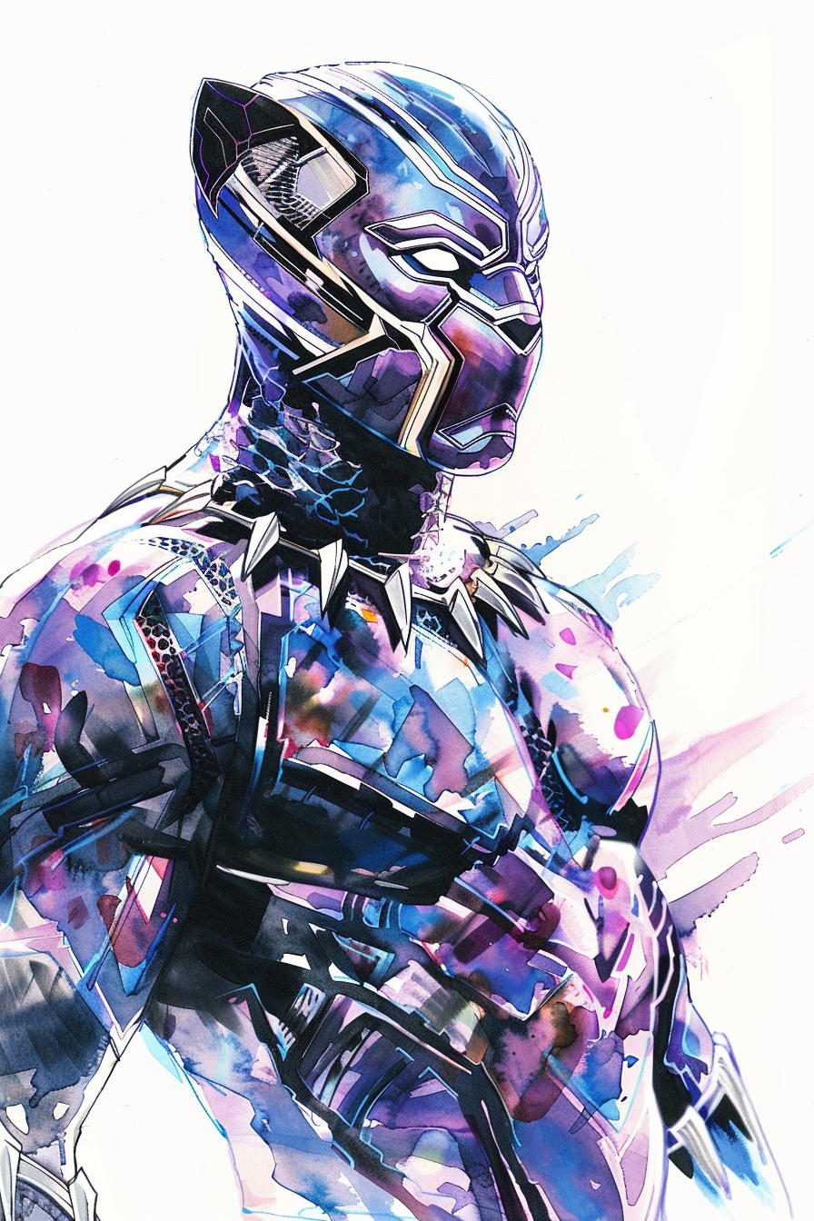 Tableau déco portrait Black Panther aquarelle pastel