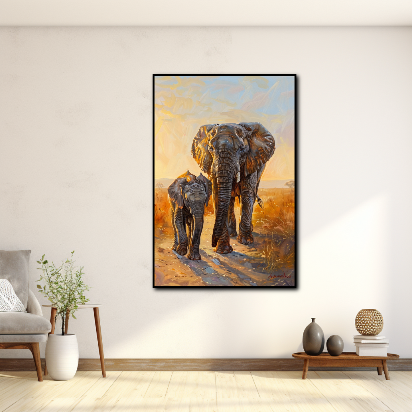 Tableau Mère et Fils Éléphants