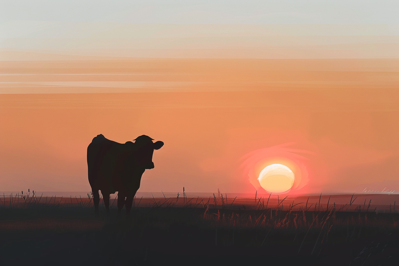 Tableau Vache et Coucher de Soleil