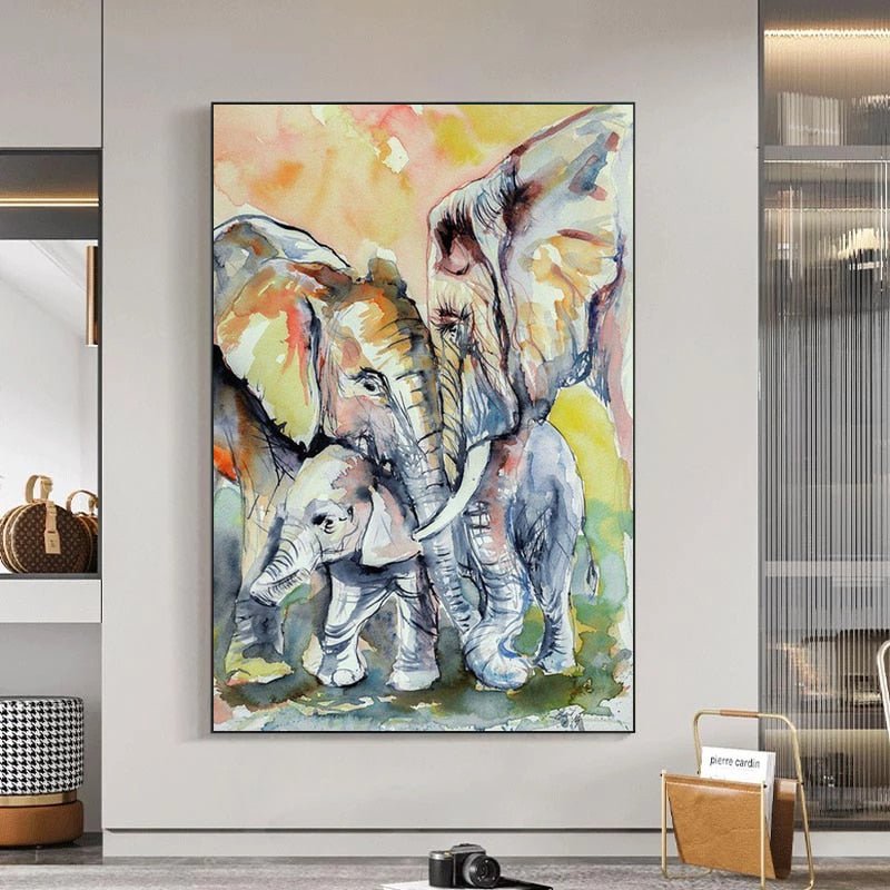 Peinture a l'Huile Famille d'Eléphant